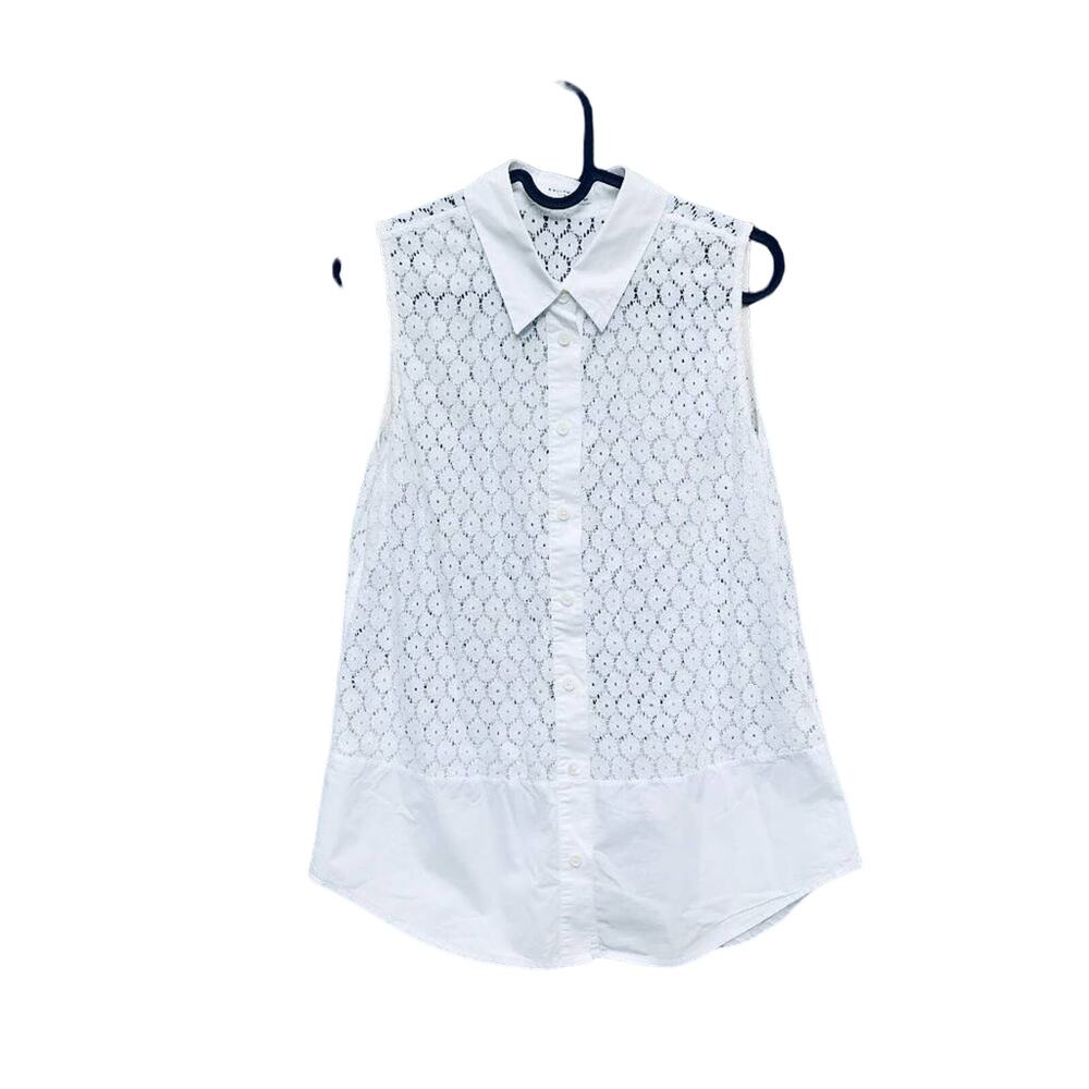 Equipment Top Lace Floral Crochet Sheer White Collared Tank Small
